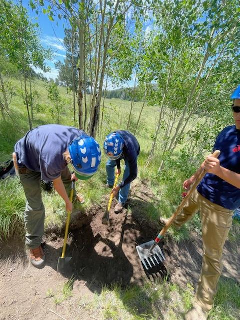 YCC crew digging and shaping trail in a meadow